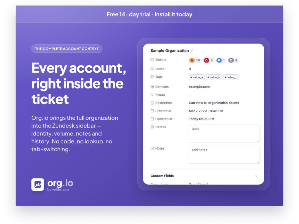 Org.io primary marketing image — Agent Productivity app on the Zendesk Marketplace